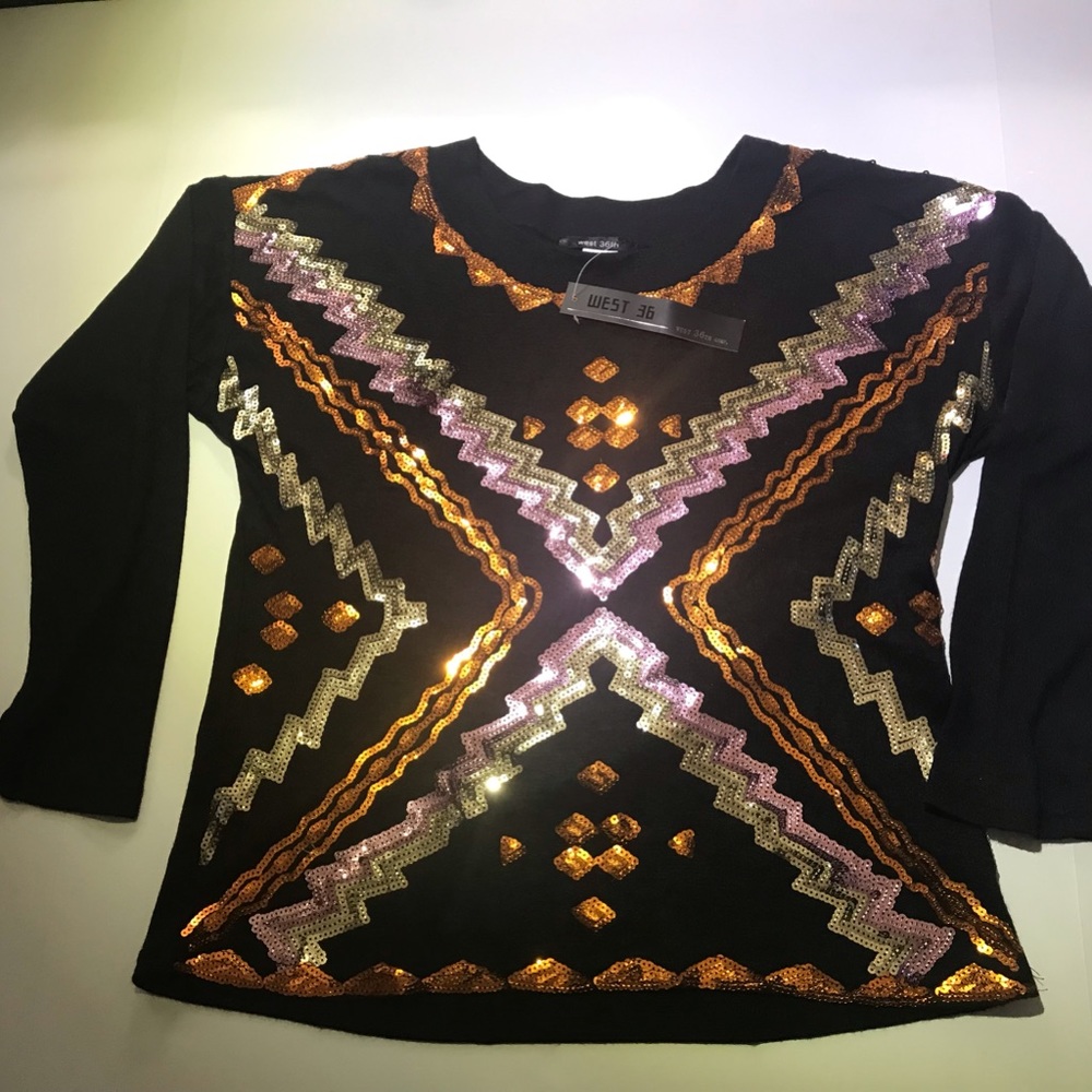NWT WEST 36th Black Sweater with Sequins Orange/Pink/Silver-Size Small